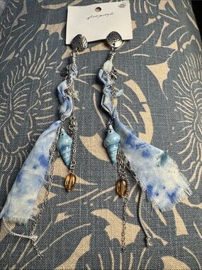 Free People Blue Tie-Dye Shell Drop Earrings with Silver Chains